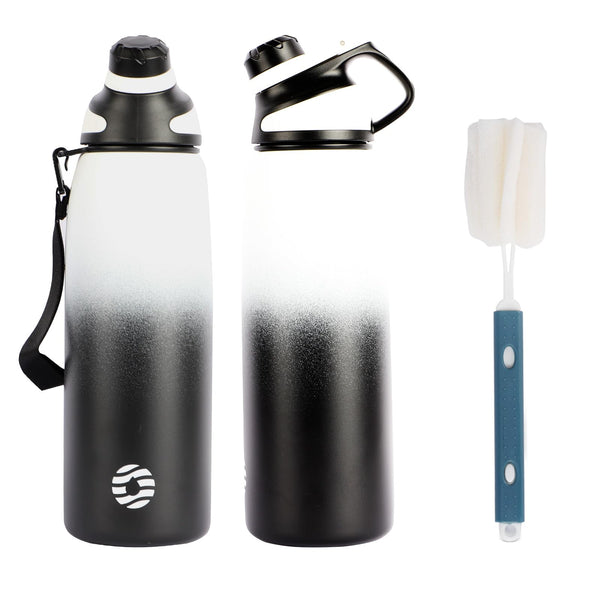 1000ml thermos flask drinking bottle made of stainless steel with magnetic lid, suitable for carbonated drinks, black and white gradient 