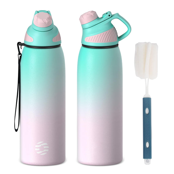 1000ml thermos drinking bottle made of stainless steel with magnetic lid, color gradient green-pink 