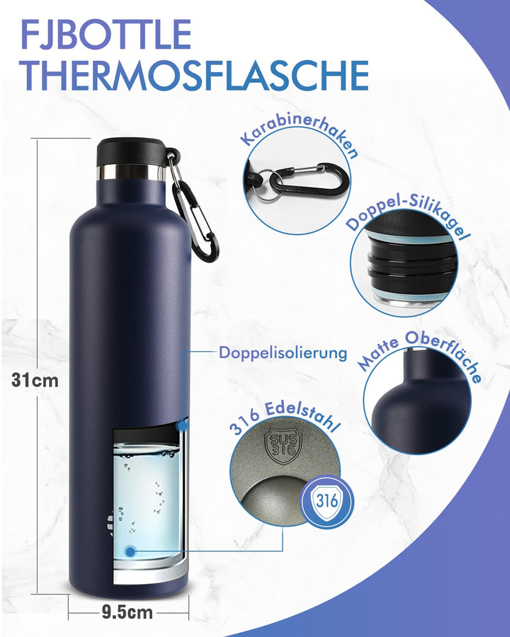 1000ml Thermoskanne Trinkflasche Edelstahl mit Karabiner, Kohlensäure geeignet Wasserflasche, Schwarz