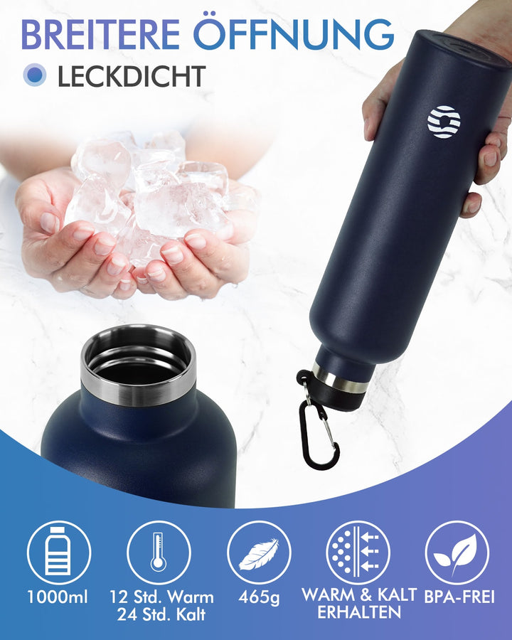 1000ml Thermoskanne Trinkflasche Edelstahl mit Karabiner, Kohlensäure geeignet Wasserflasche, Schwarz