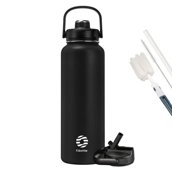 1200ml Thermoskanne Trinkflasche aus Edelstahl mit Strohhalm, 2xDeckeln, Kohlensäure geeignet Wasserflasche, Schwarz