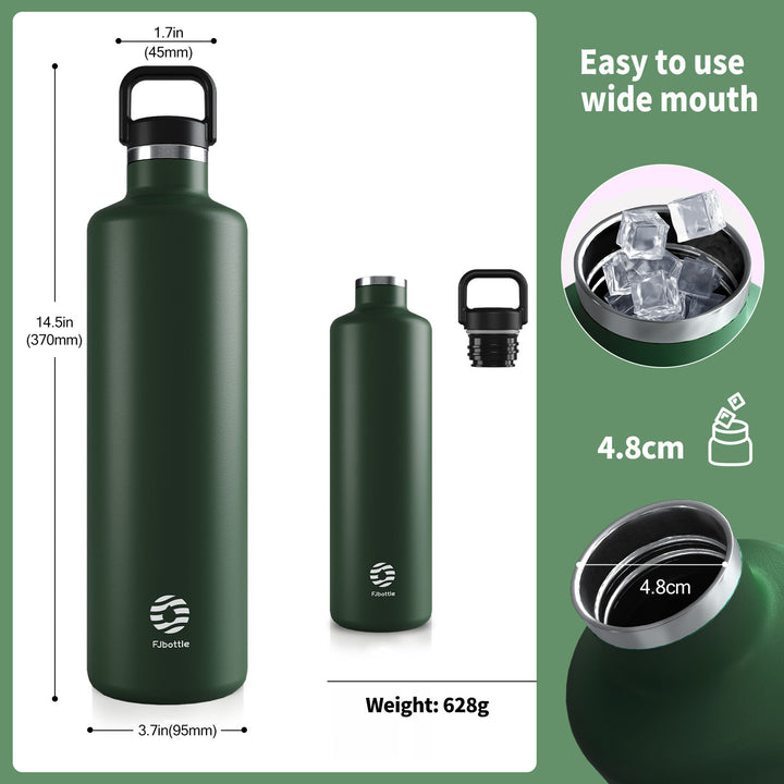 1000ml Thermos Flask Stainless Steel with Carabiner, Carbonated Water Bottle, Black 