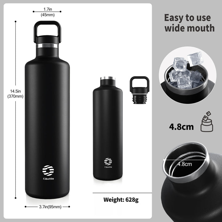 1000ml Thermos Flask Stainless Steel with Carabiner, Carbonated Water Bottle, Black 