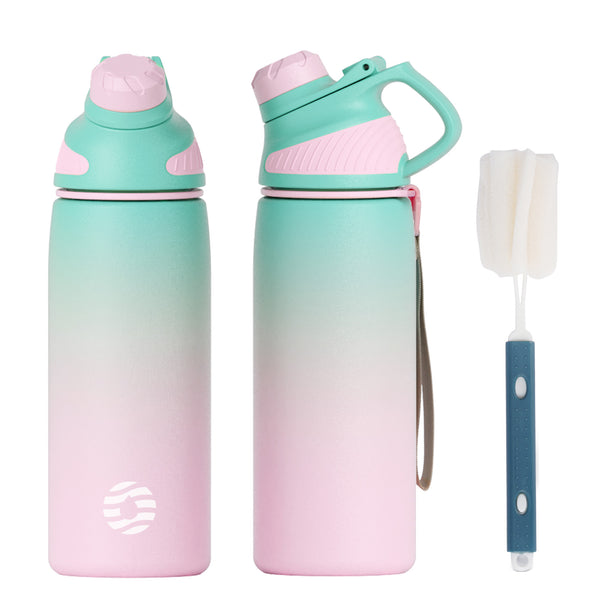 600ml thermos flask drinking bottle made of stainless steel with magnetic lid, suitable for carbonated drinks, color gradient blue pink