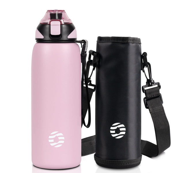 800ml stainless steel thermos water bottle with carrying bag, carbonated drink bottle, pink