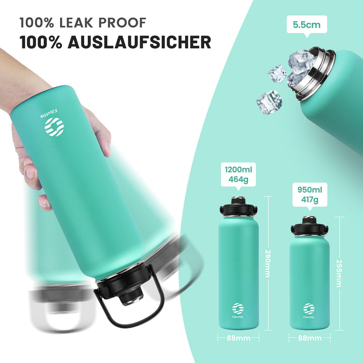 1200ml Thermoskanne Trinkflasche aus Edelstahl mit Strohhalm, 2xDeckeln, Kohlensäure geeignet Wasserflasche