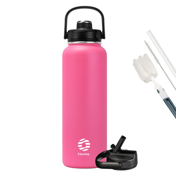 1200ml Thermoskanne Trinkflasche aus Edelstahl mit Strohhalm, 2xDeckeln, Kohlensäure geeignet Wasserflasche, Rosa