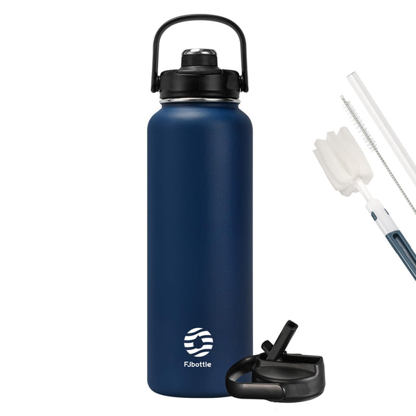 1200ml Thermoskanne Trinkflasche aus Edelstahl mit Strohhalm, 2xDeckeln, Kohlensäure geeignet Wasserflasche, Blau