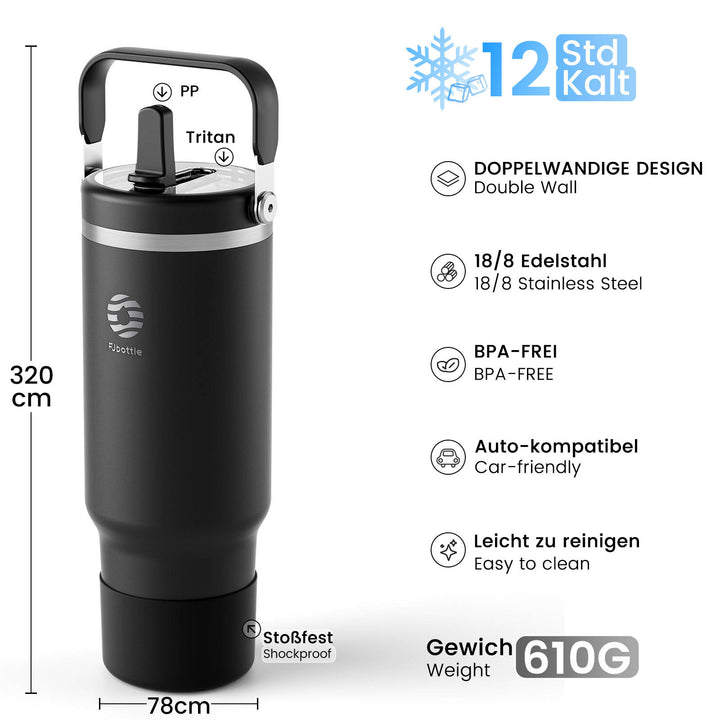 1200ml Thermoskanne Trinkflasche aus Edelstahl mit Strohhalm, Kohlensäure geeignet Wasserflasche