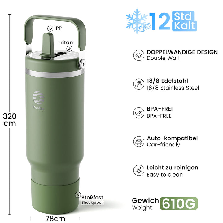 1200ml Thermoskanne Trinkflasche aus Edelstahl mit Strohhalm, 2xDeckeln, Kohlensäure geeignet Wasserflasche, Blau (Copy)