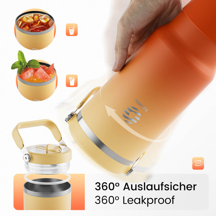 1200ml Thermoskanne Trinkflasche aus Edelstahl mit Strohhalm, 2xDeckeln, Kohlensäure geeignet Wasserflasche, Blau (Copy)