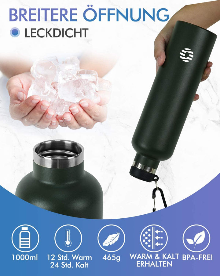 1000ml Thermoskanne Trinkflasche Edelstahl mit Karabiner, Kohlensäure geeignet Wasserflasche, Schwarz