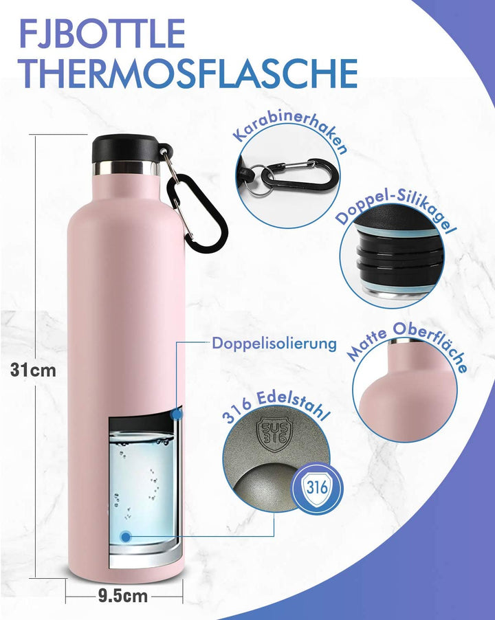 1000ml Thermoskanne Trinkflasche Edelstahl mit Karabiner, Kohlensäure geeignet Wasserflasche, Schwarz