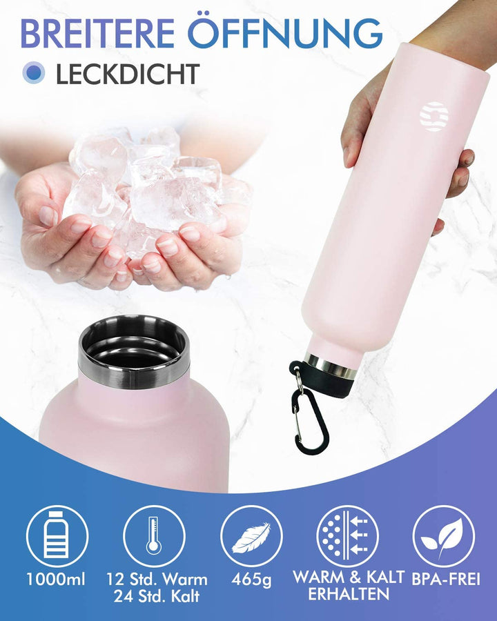 1000ml Thermoskanne Trinkflasche Edelstahl mit Karabiner, Kohlensäure geeignet Wasserflasche, Schwarz