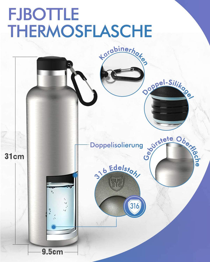 1000ml Thermoskanne Trinkflasche Edelstahl mit Karabiner, Kohlensäure geeignet Wasserflasche, Schwarz