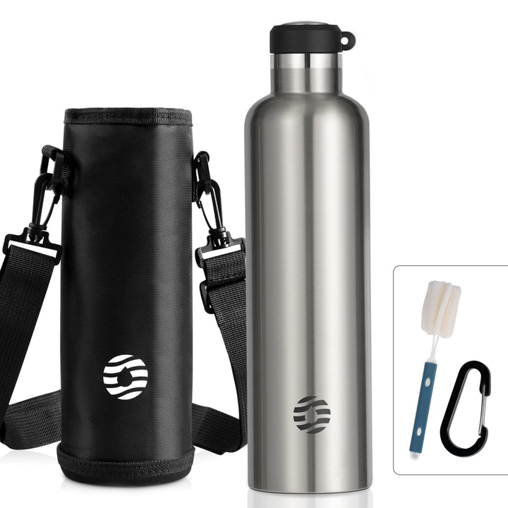 1000ml Thermoskanne Trinkflasche Edelstahl mit Karabiner, Kohlensäure geeignet Wasserflasche, Schwarz