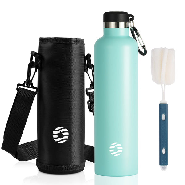 1000ml thermos flask drinking bottle stainless steel with carabiner, suitable for carbonated drinks, mint green 