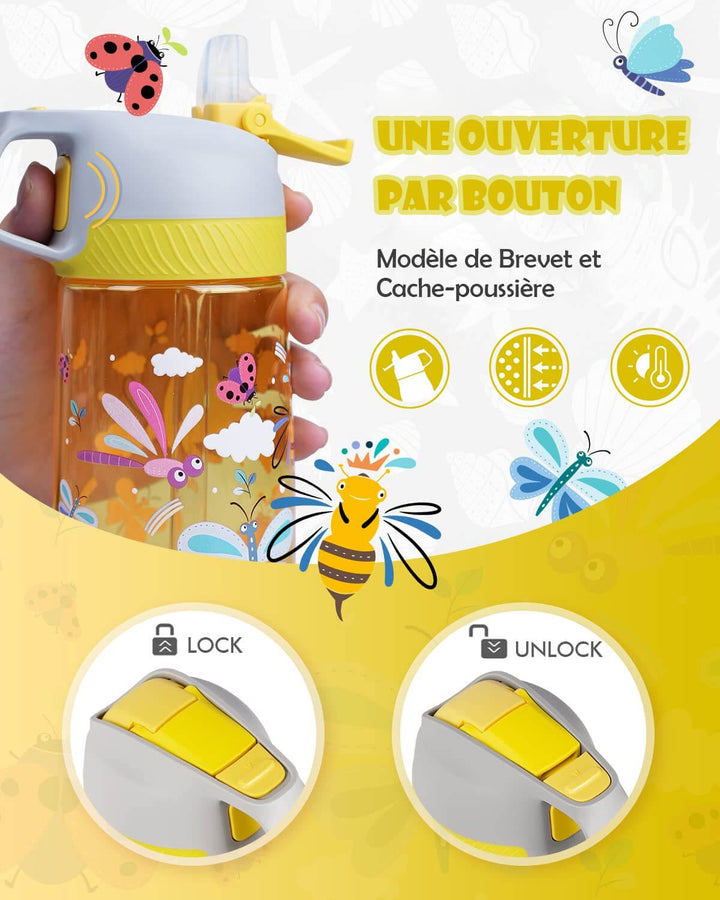 Bouteille en Plastique Pour Enfants Avec Paille 450ml, Insecte Jaune