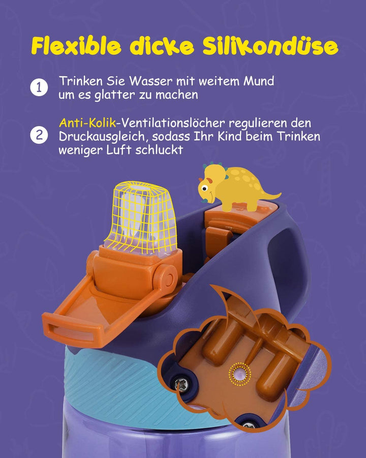 Bouteille en plastique pour enfants avec paille 450 ml, Étanche, Violet