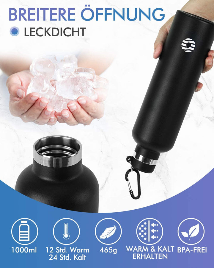 Double Großer Öffnung Thermoskanne 1000ml, Mit Stofftasche, Schwarz - FJBottle