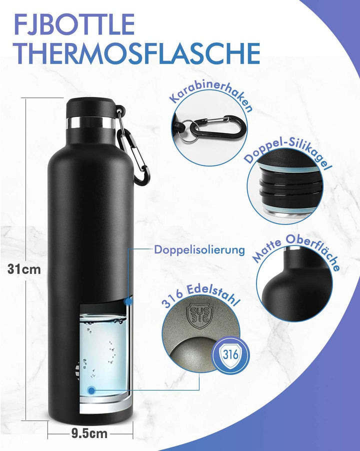 Double Großer Öffnung Thermoskanne 1000ml, Mit Stofftasche, Schwarz - FJBottle