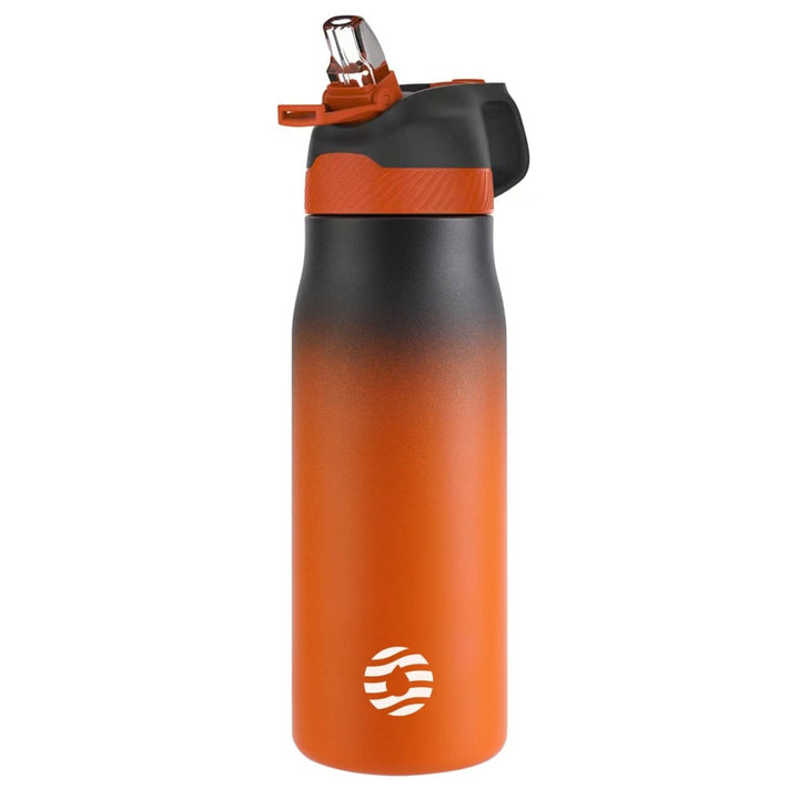 710ml Isolierte Edelstahl Trinkflasche mit Strohhalm, Schwarz & Orange