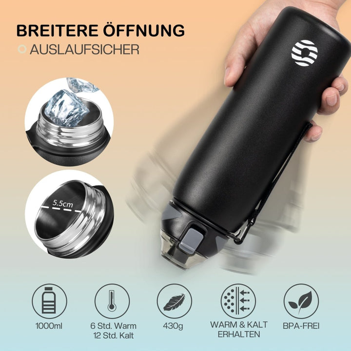 Isolierte Trinkflasche aus Edelstahl 1000ml - Schwarz - FJBottle-German