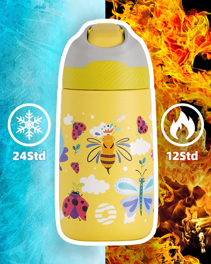 Kinder Edelstahl Trinkflasche 350ml mit Strohhalm & Becher bürste, Honigbiene - FJBottle