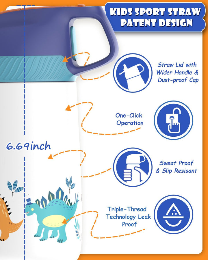 Kinder Edelstahl Trinkflasche 350ml mit Strohhalm & Becher bürste, Jungle Dinosaur - FJBottle