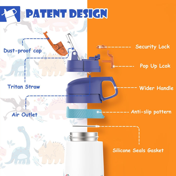Kinder Edelstahl Trinkflasche 350ml mit Strohhalm & Becher bürste, Jungle Dinosaur - FJBottle