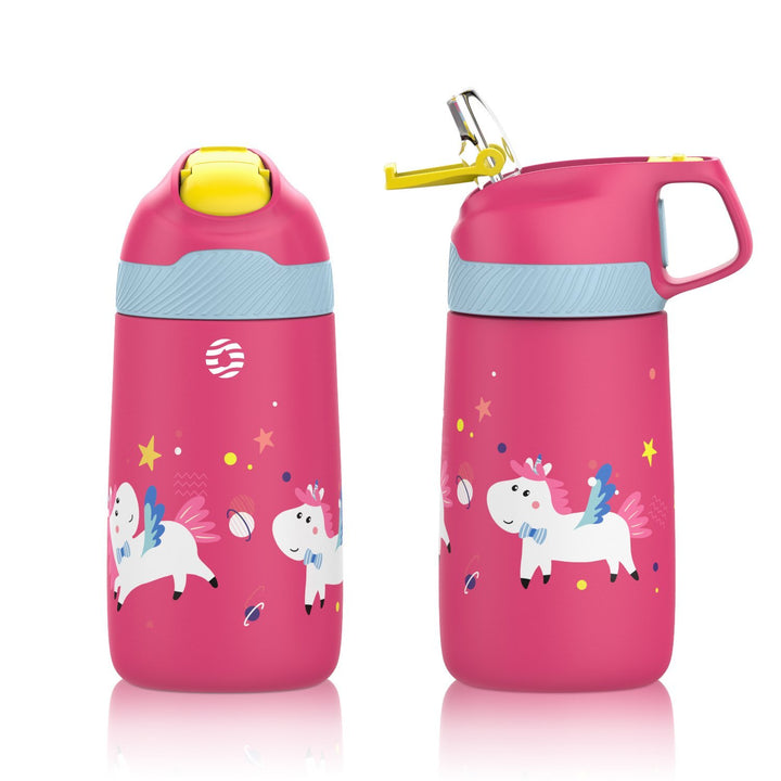 Kinder Edelstahl Trinkflasche 350ml mit Strohhalm & Becher bürste, Mini Einhörner - FJBottle