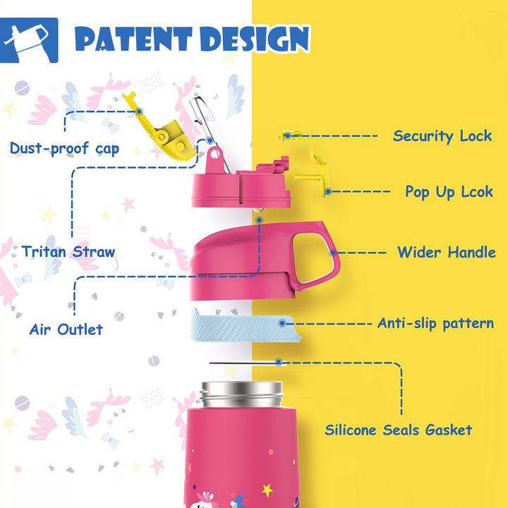 Kinder Edelstahl Trinkflasche 350ml mit Strohhalm & Becher bürste, Mini Einhörner - FJBottle