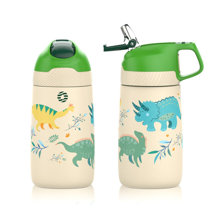 Kinder Edelstahl Trinkflasche 350ml mit Strohhalm & Becher bürste, Wilder Dinosaurier - FJBottle