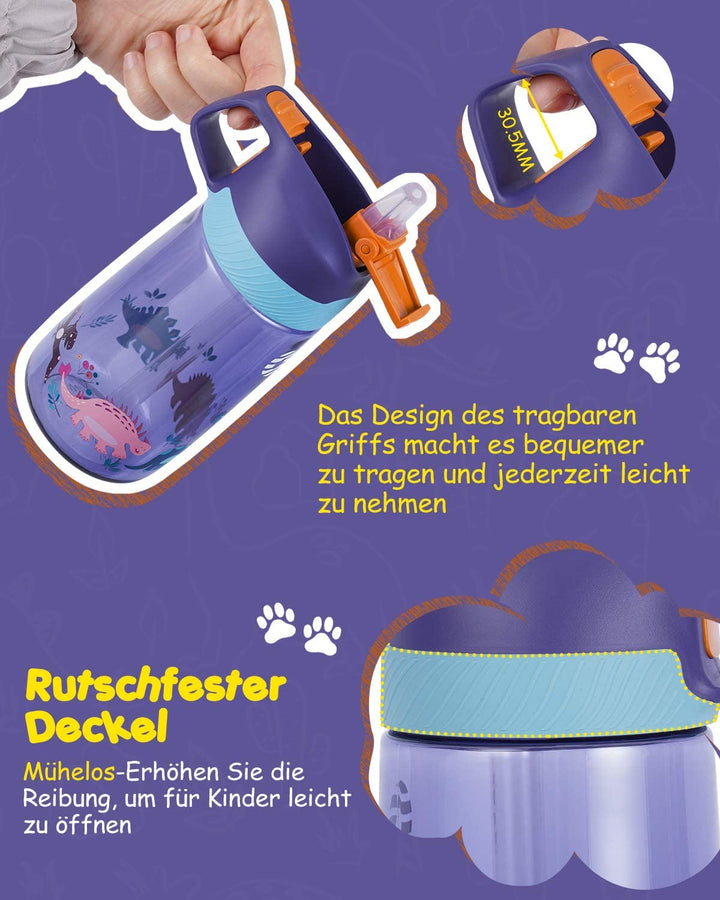 Kinder Trinkflasche mit Strohhalm 450ml, mit Strohhalm, Lila - FJBottle