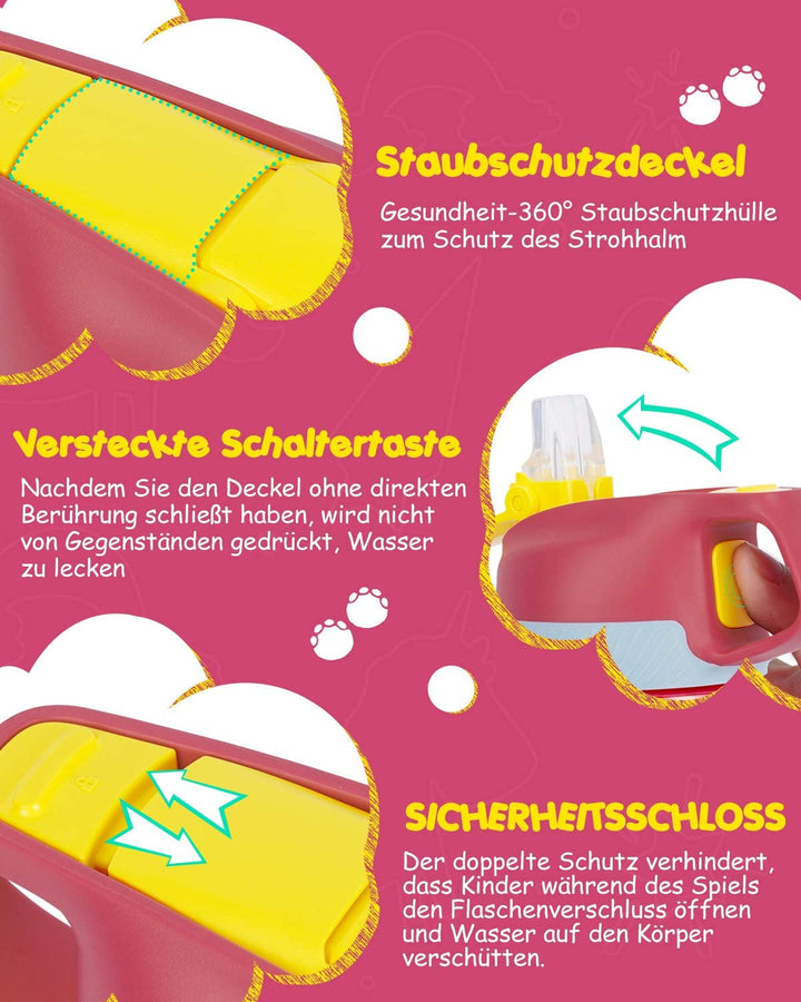 Kinder Trinkflasche mit Strohhalm 450ml, mit Strohhalm,Pink - FJBottle