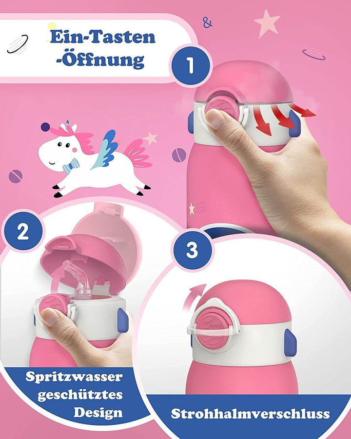 Vakuum Isolierte Trinkflasche für Kinder 600 ml, mit 2 Deckeln & Strohhalm- Rosa