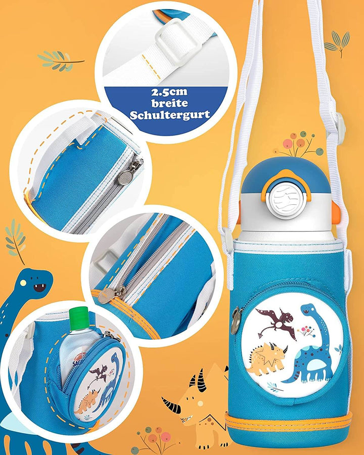 Vakuum Isolierte Trinkflasche für Kinder 600 ml, mit 2 Deckeln & Strohhalm- Weiß